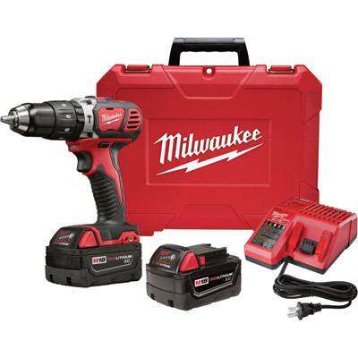 Milwaukee M18 Li-Ion Cordless Compact Electric Hammer Drill/Driver Kit With 2 Batteries — 1/2in. Keyless Chuck, 1,800 RPM, Model# 2607-22