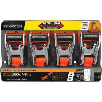 SmartStraps RatchetX Ratchet Tie-Down Strap — 4-Pk., 1.125in. x 20ft., with J-Hook, 3000-Lb. Breaking Strength, Orange, Model# 4573