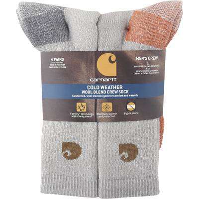 Carhartt Men's Thermal Wool Blend Crew Socks — 4 Pairs, Gray/Orange, Model# A695-4 GY/OG
